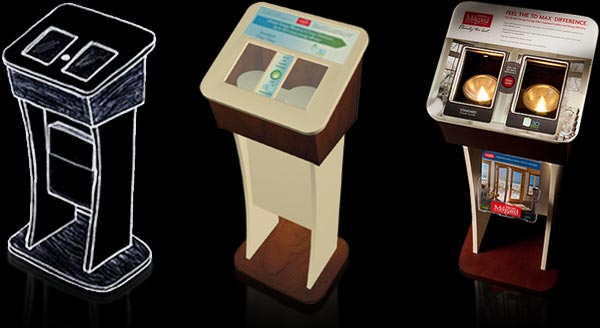 Design stages: sketch, 3D rendering, and final prototype.