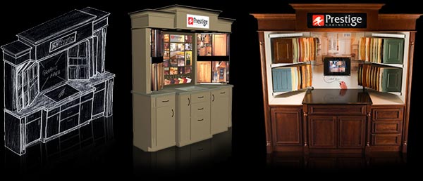 Design stages: sketch, 3D rendering, and final prototype.